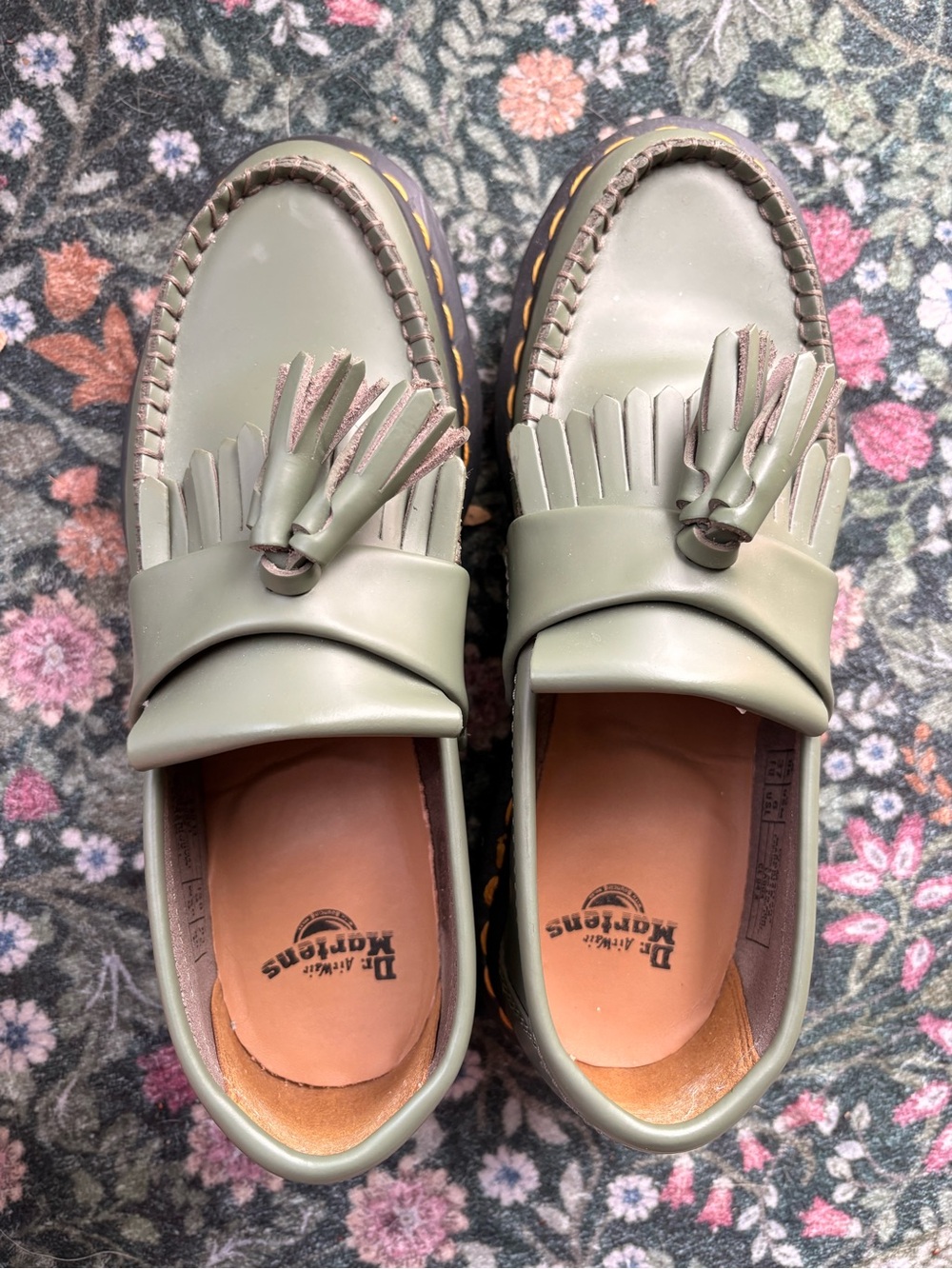 Dr. Martens Olive Green Kiltie Tassel Loafers with Yellow Stitching